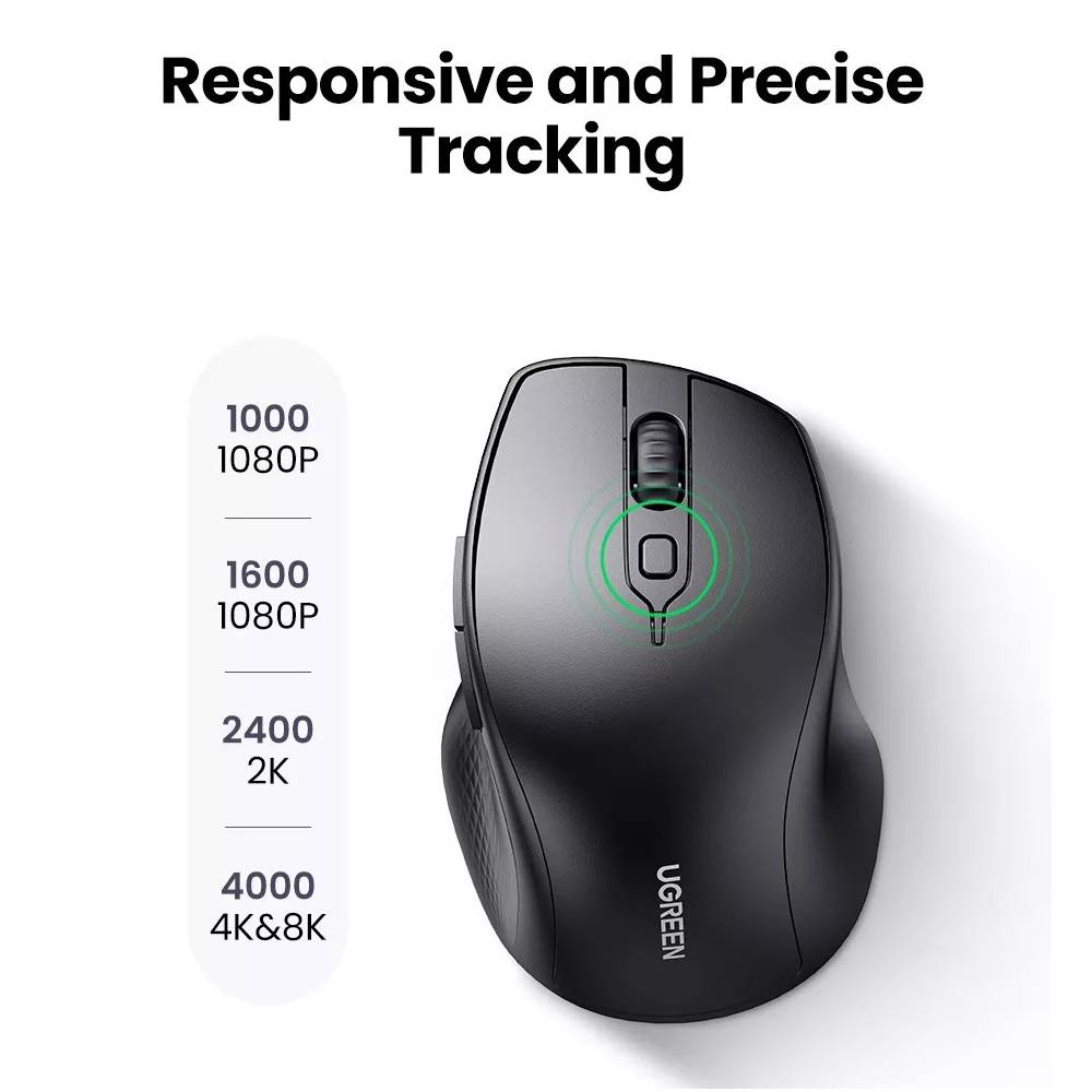 მაუსი UGREEN MU101 (90395), Ergonomic Wireless 2.4G Mouse, Bluetooth, 4000DPI, Silence Design, Black - Image 2