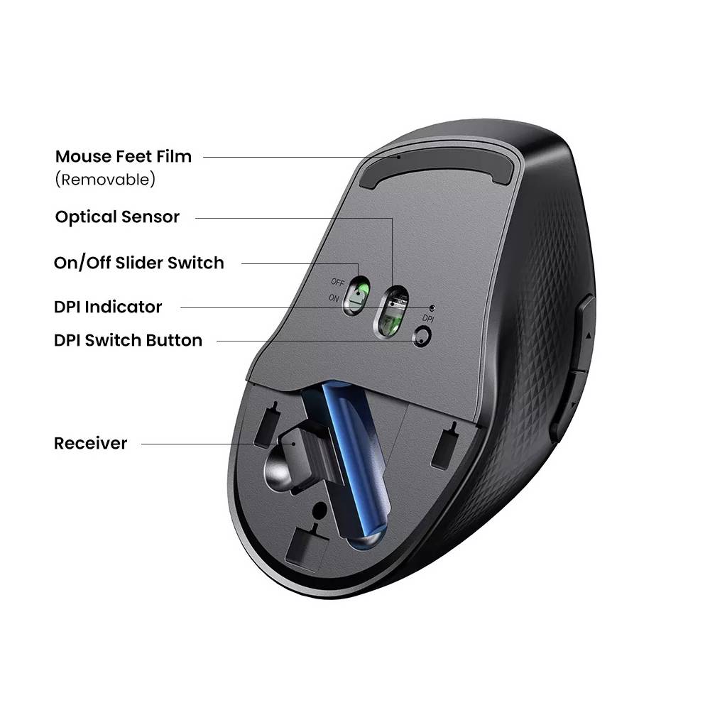 მაუსი UGREEN MU101 (90395), Ergonomic Wireless 2.4G Mouse, Bluetooth, 4000DPI, Silence Design, Black - Image 3