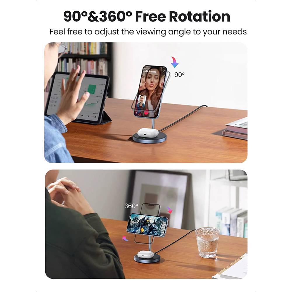 უსადენო დამტენი UGREEN CD317 (90668), 2-in-1 MagSafe Magnetic Wireless Charger, Black/Blue - Image 3