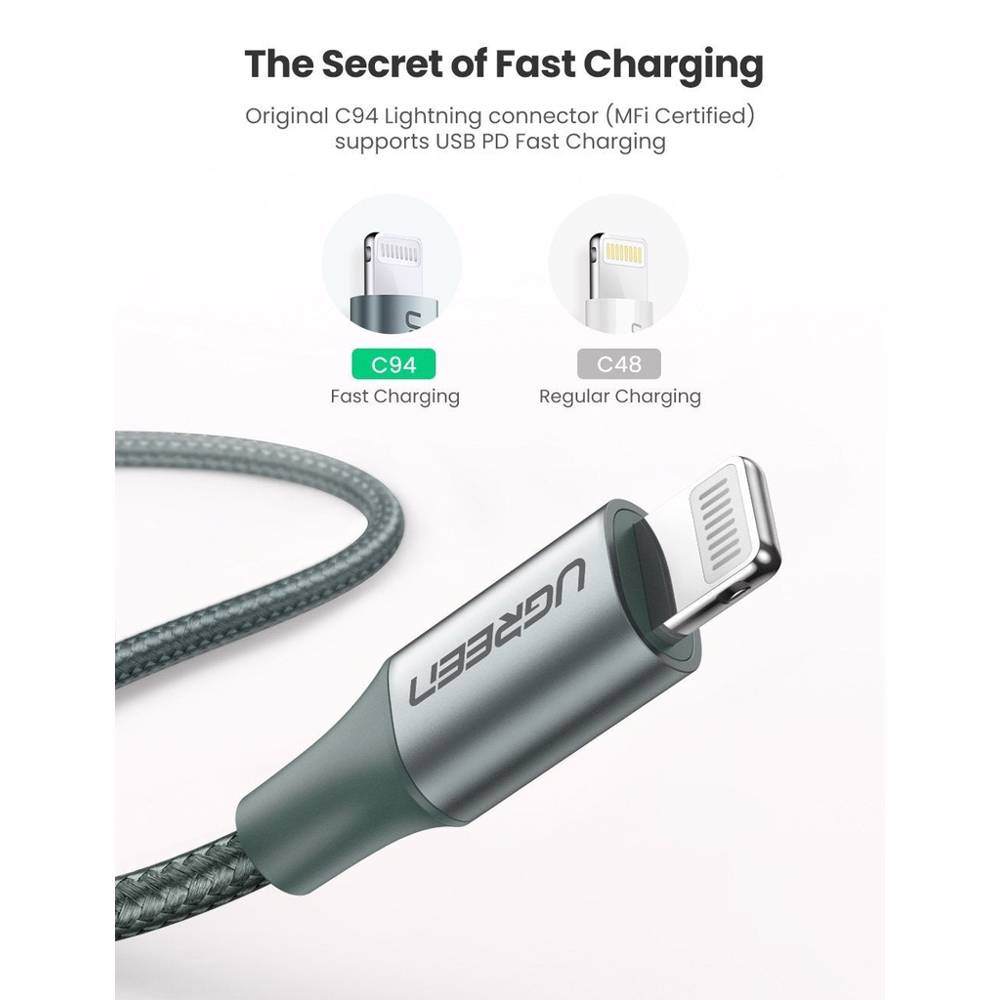 USB კაბელი UGREEN US304 (80564), 87W, MFi, Type-C to Lightning, 1m, Midnight Green - Image 3
