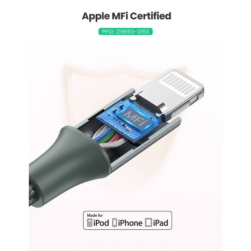 USB კაბელი UGREEN US304 (80564), 87W, MFi, Type-C to Lightning, 1m, Midnight Green - Image 4