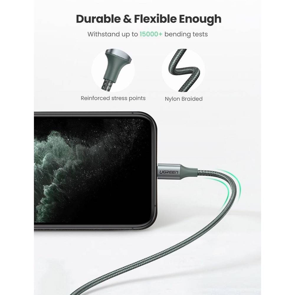 USB კაბელი UGREEN US304 (80564), 87W, MFi, Type-C to Lightning, 1m, Midnight Green - Image 5
