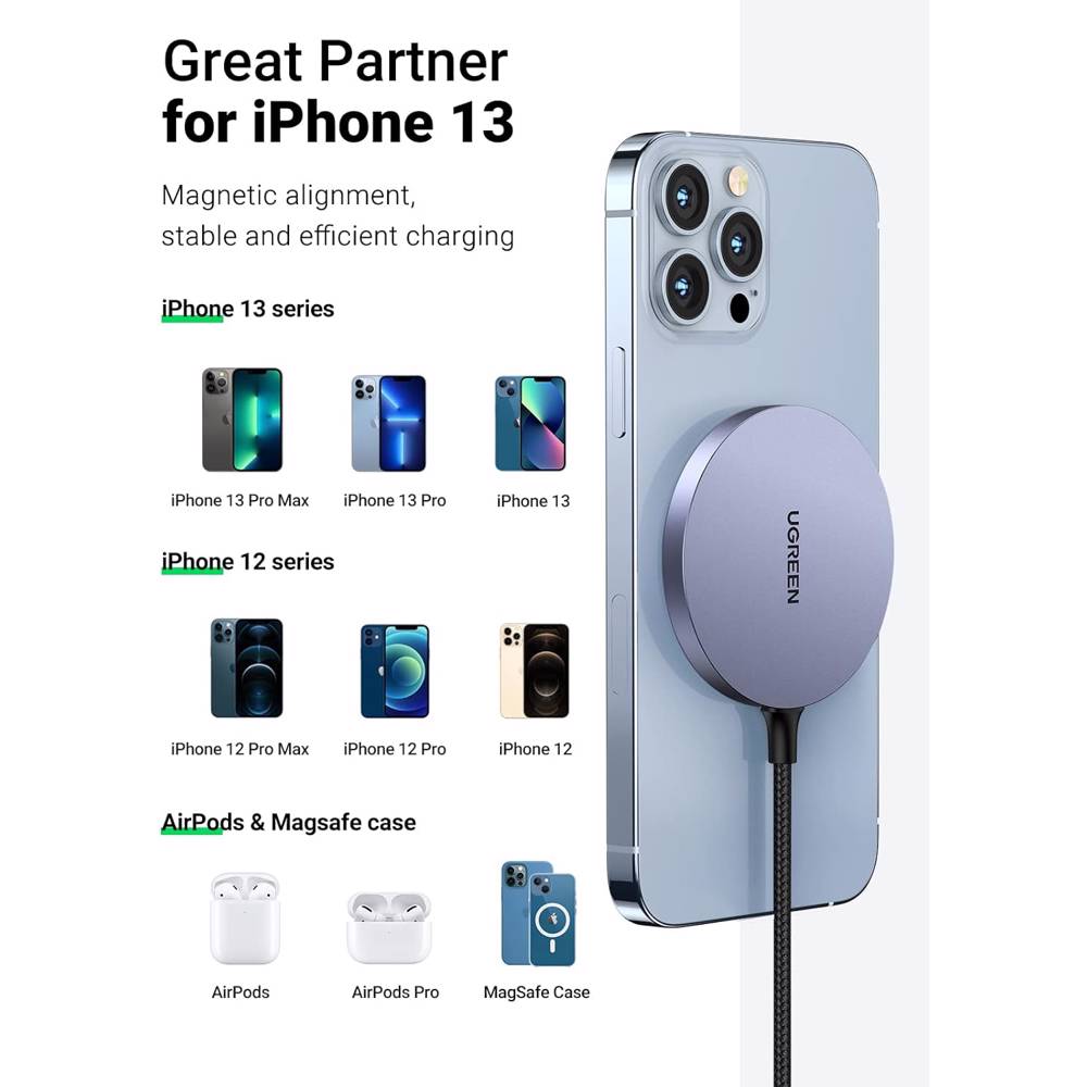 უსადენო დამტენი UGREEN CD245 (30233), MFI MagSafe 15W, Type-C to Magnetic Wireless Charger, Gray - Image 2