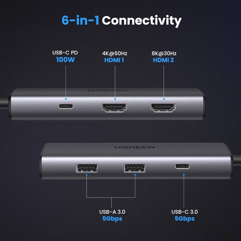 USB-C ჰაბი UGREEN CM498 (15852) Revodok 206, 2xHDMI, USB, Type-C, HUB, Grey - Image 5