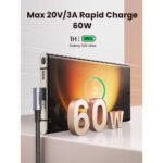 USB კაბელი UGREEN US323 (70531), 60W, Right Angle type-C to type-C Angled, 2m, Black/Grey - Image 4