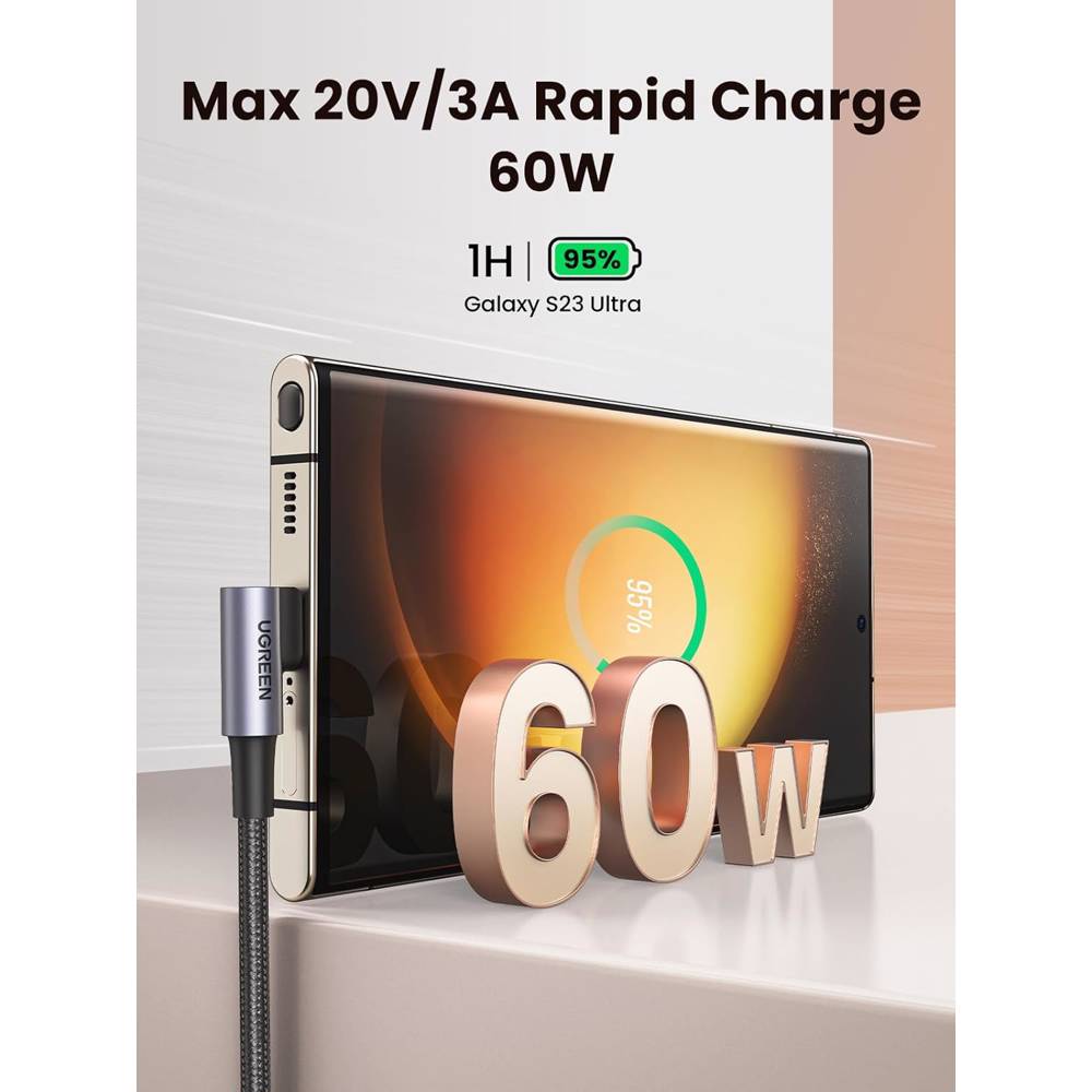 USB კაბელი UGREEN US323 (70531), 60W, Right Angle type-C to type-C Angled, 2m, Black/Grey - Image 4