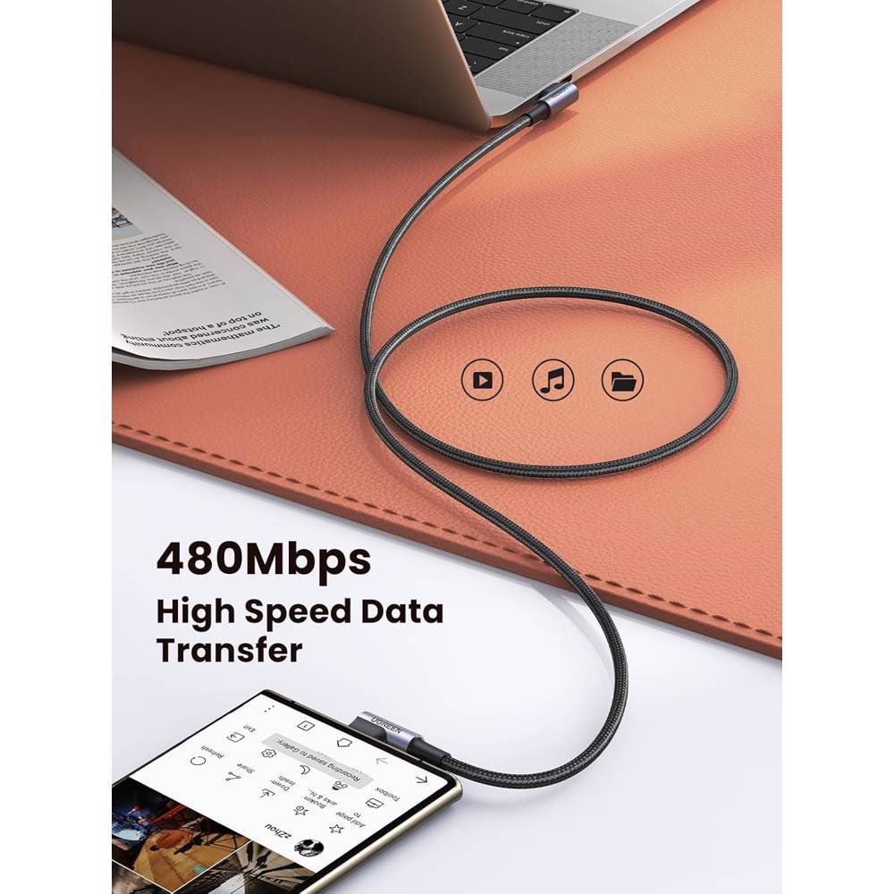 USB კაბელი UGREEN US323 (70531), 60W, Right Angle type-C to type-C Angled, 2m, Black/Grey - Image 5