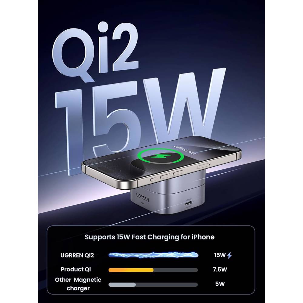 უსადენო დამტენი UGREEN W702 (35316) MagFlow Qi2, 25W, Magnetic Foldable Charging Station, Dark Gray - Image 4
