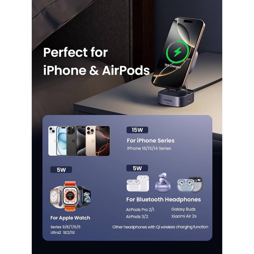 უსადენო დამტენი UGREEN W702 (35316) MagFlow Qi2, 25W, Magnetic Foldable Charging Station, Dark Gray - Image 7