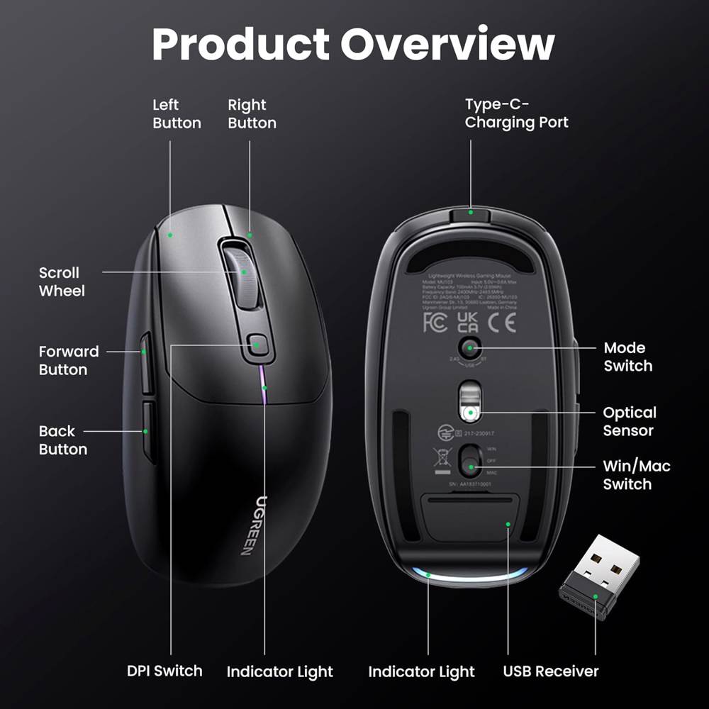 მაუსი UGREEN MU103 (90539), Wireless, 2.4GHz, Bluetooth, USB, Mouse, Black - Image 2