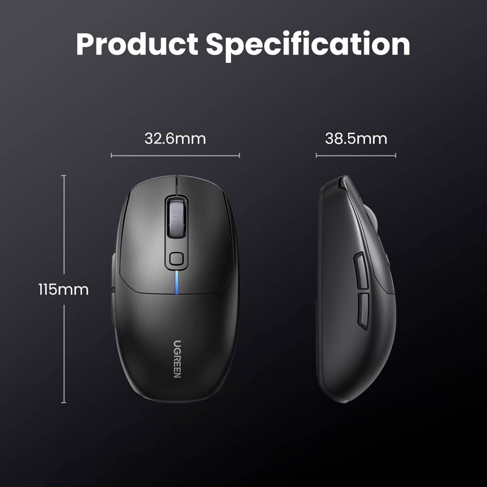 მაუსი UGREEN MU103 (90539), Wireless, 2.4GHz, Bluetooth, USB, Mouse, Black - Image 3