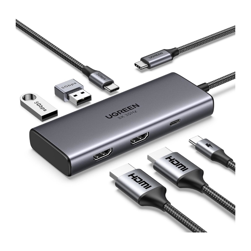 ugreen 15852 USB-C ჰაბი UGREEN CM498 (15852) Revodok 206, 2xHDMI, USB, Type-C, HUB, Grey - Image 1