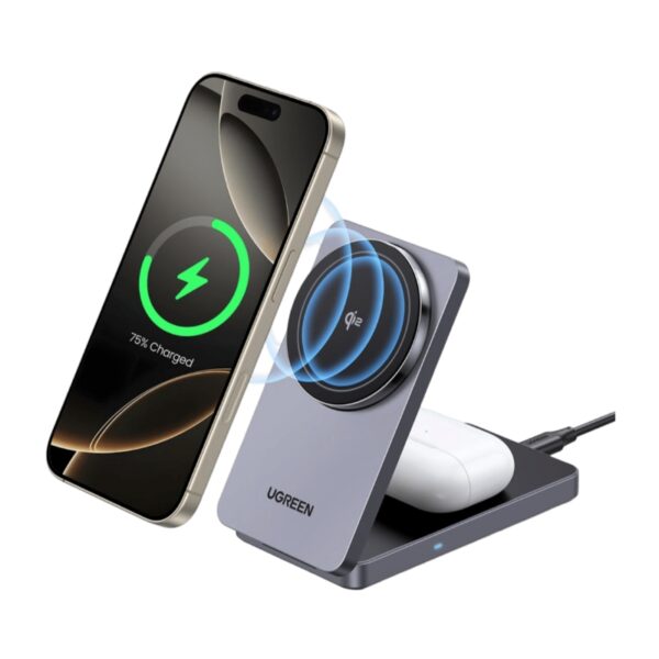 უსადენო დამტენი UGREEN W706 (45023) MagFlow Qi2, 15W, 2-in-1 Magnetic Wireless Charger, Grey
