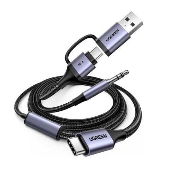 აუდიო ადაპტერი და დამტენი UGREEN CM772 (45009), 60W, 2-in-1 Audio Charger Adapter And AUX, 1.5m, Black/Grey