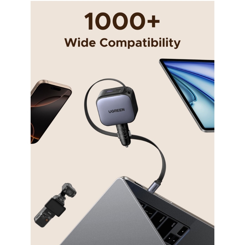 ugreen 55910B (3) მანქანის დამტენი UGREEN EC604 (55910B) Nexode, 145W, Car Charger With Retractable Type-C Cable, Grey - Image 3