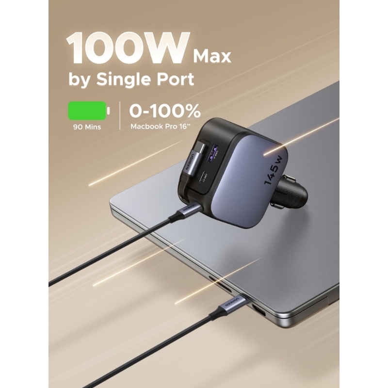 ugreen 55910B (4) მანქანის დამტენი UGREEN EC604 (55910B) Nexode, 145W, Car Charger With Retractable Type-C Cable, Grey - Image 4