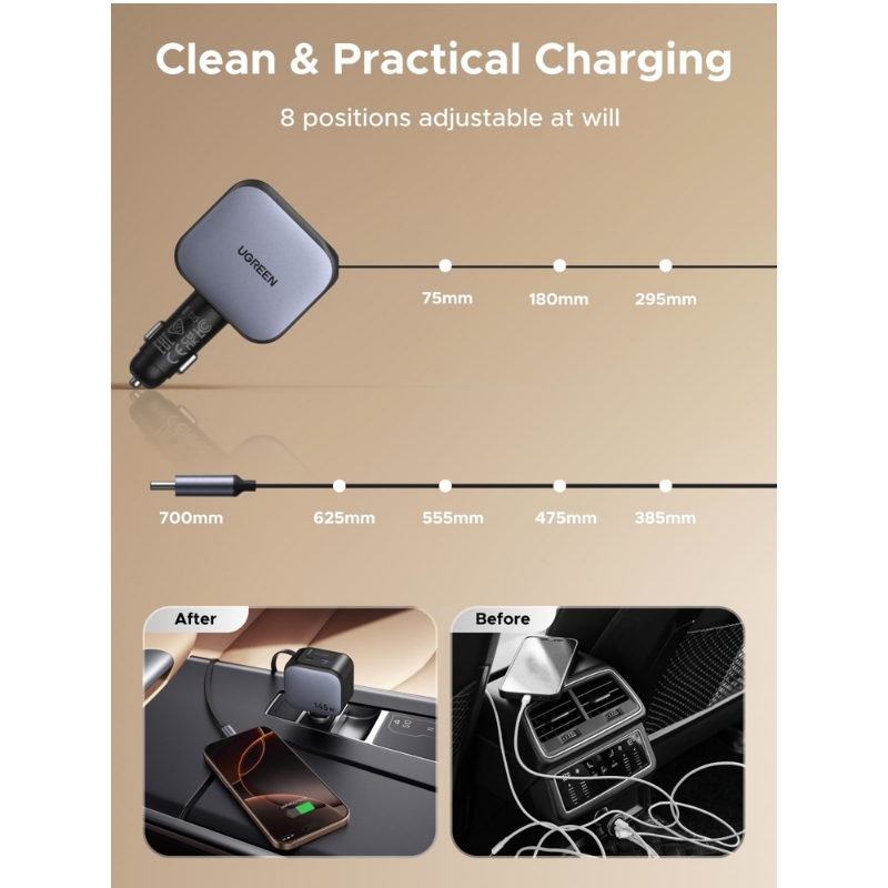 ugreen 55910B (7) მანქანის დამტენი UGREEN EC604 (55910B) Nexode, 145W, Car Charger With Retractable Type-C Cable, Grey - Image 7