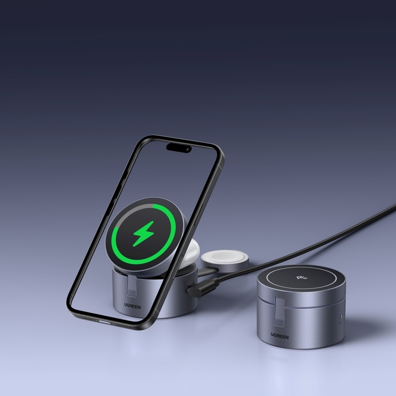 ugreen 65148 (4) უსადენო დამტენი UGREEN W712 (65148) Magflow Qi2.2, 15W, 3in1 Wireless Charger, Grey - Image 7