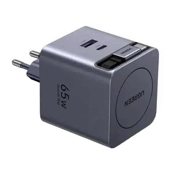 მობილურის დამტენი UGREEN X615 (65825), 65W, Type-C, USB, GaN Fast Charger With Retractable Cable, Grey