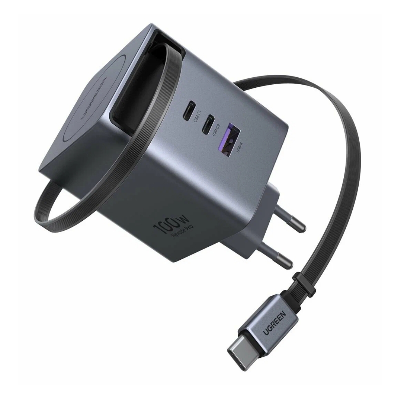 ugreen 65828 (2) მობილურის დამტენი UGREEN X616 (65828), 100W, GaN Fast Charger with Retractable Cable, Grey - Image 3