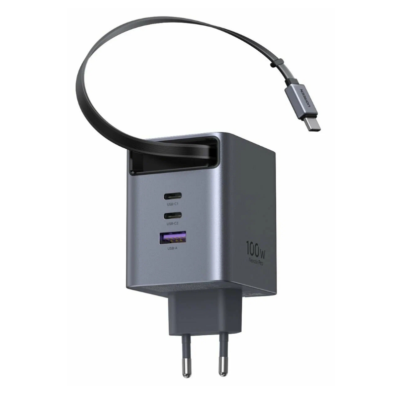 ugreen 65828 (6) მობილურის დამტენი UGREEN X616 (65828), 100W, GaN Fast Charger with Retractable Cable, Grey - Image 2